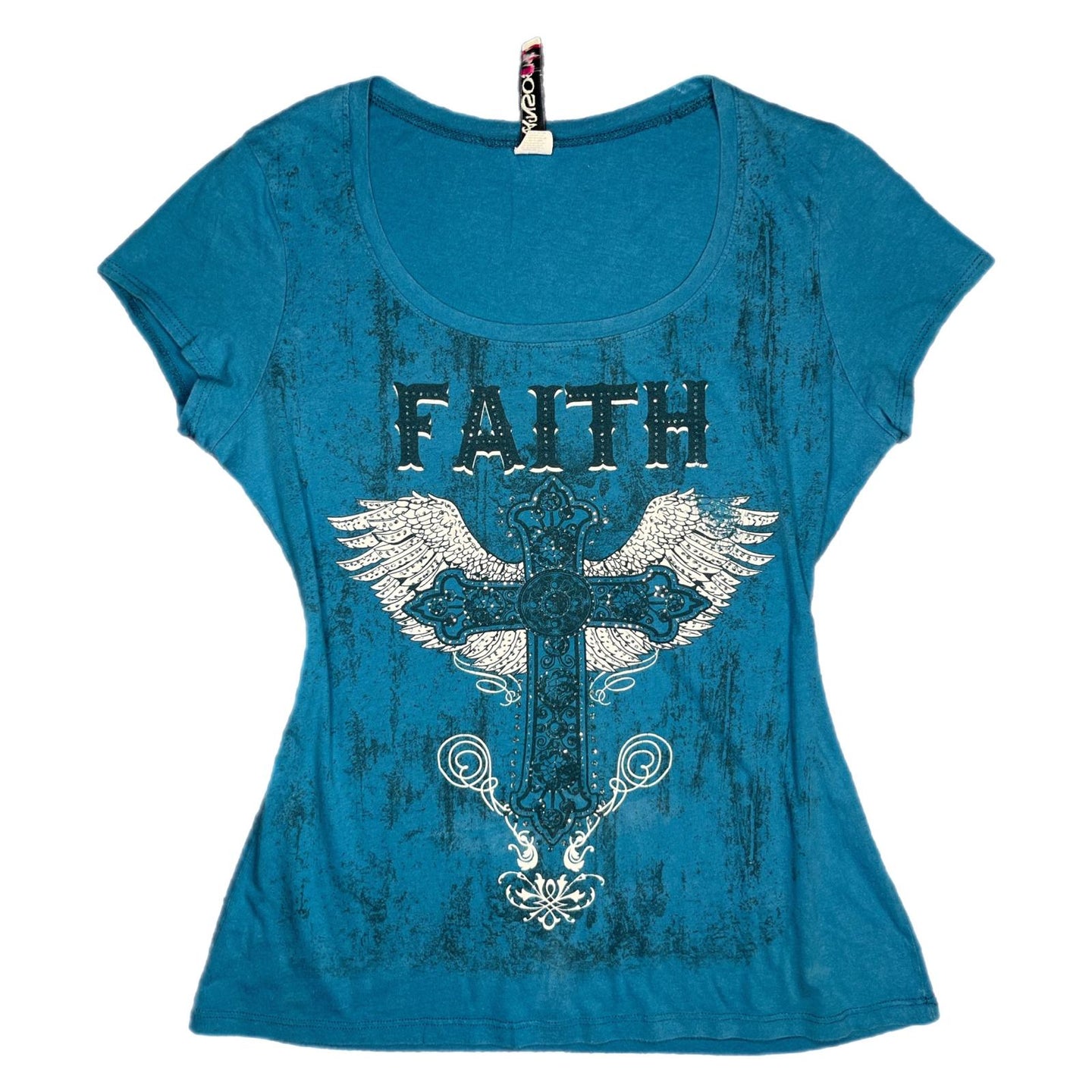 Ransom Faith Gothic Cross Y2K Angel Wing Blue Top, Size XL