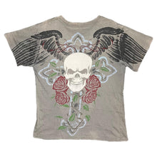 Load image into Gallery viewer, Affliction Grey Gothic Cross Angel Wing Rose Cyber Grunge Top, Size Medium
