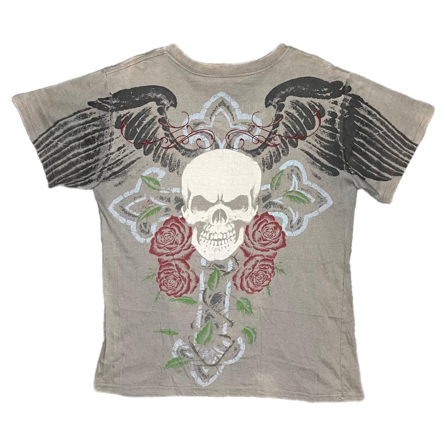 Affliction Grey Gothic Cross Angel Wing Rose Cyber Grunge Top, Size Medium