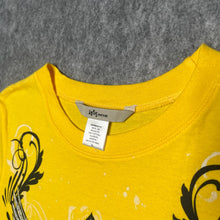 Load image into Gallery viewer, Y2K Yellow Angel Wing Gothic Cross 2000s Sparkly Top, Size Large
