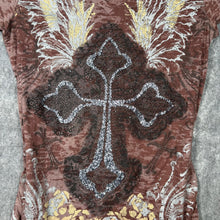 Load image into Gallery viewer, Rock 47 by Wrangler Y2K Mcbling Sequin Cross Brown Burnout Top Size Small
