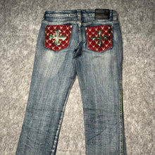 Load image into Gallery viewer, Violet Pink Gothic Cross Sequin Red Blue Y2K Mcbling Skinny Jeans, Waist 30
