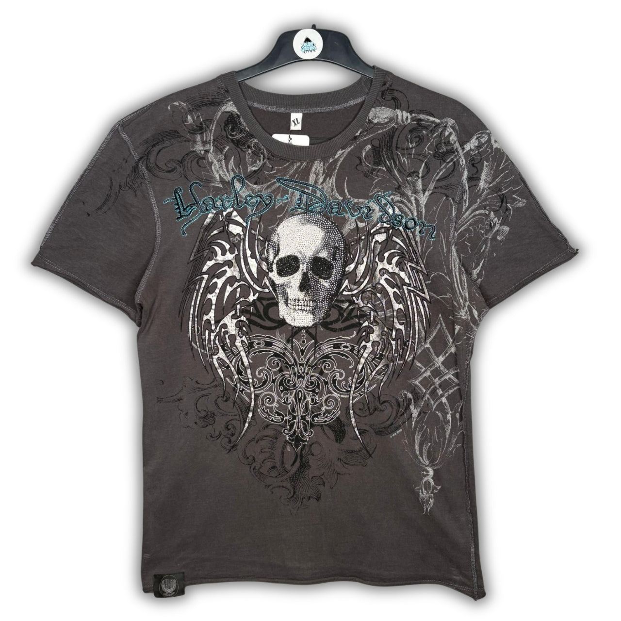 Custom Harley Davidson Diamante Tribal Skull & Blue logo Graphic Top, Size XL