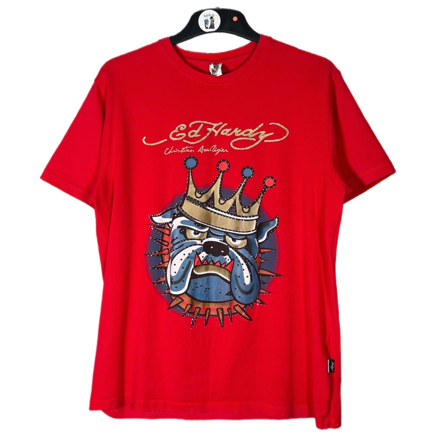 Ed Hardy Bulldog Crown Graphic Tee Red Rhinestone Y2K T-Shirt L