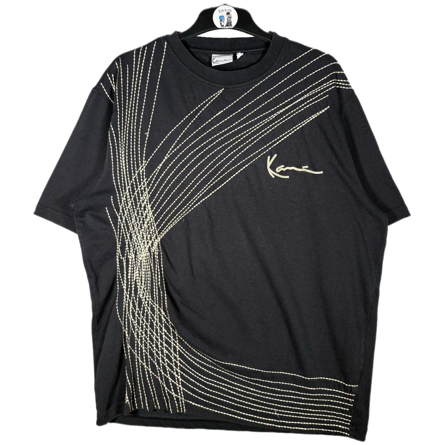 Karl Kani Embroidered Lines Graphic Tee Black Y2K Streetwear Size M