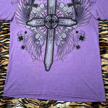 Load image into Gallery viewer, The Raw Uncut Purple Gothic Cross Angel Wing Y2K Grunge 2000s Top, Size Large
