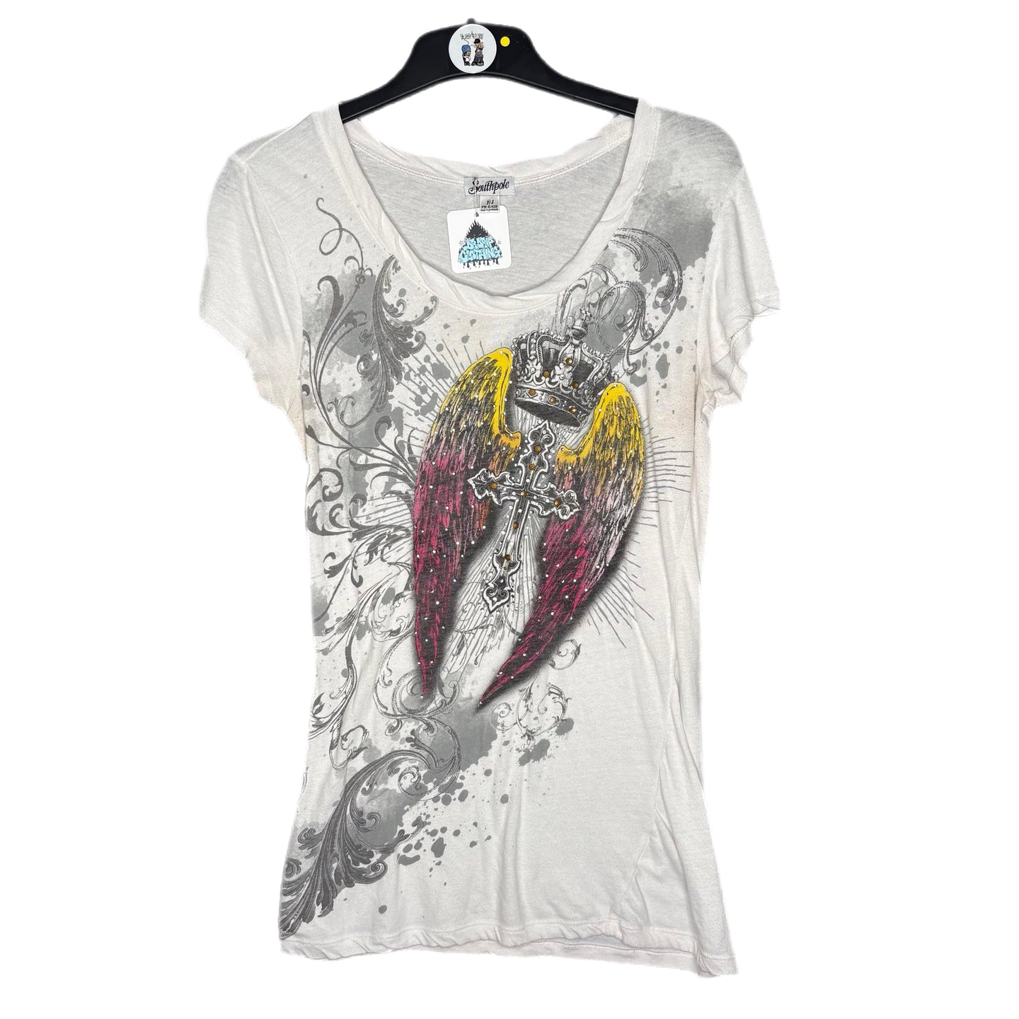 Southpole White Y2K Angel Wing Mcbling Gothic Cross Top, Size M