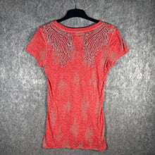 Load image into Gallery viewer, Y2K Miss Me Wing Rhinestone Burnout V-Neck Tee Red, Size L
