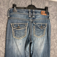Load image into Gallery viewer, BKE Couture Bootcut Blue Y2K Embroidered Jeans, Size S/M
