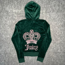 Load image into Gallery viewer, Juicy Couture Dark Green Pink Crown Tiara Y2K Mcbling Velour Zip Hoodie, Small
