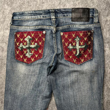 Load image into Gallery viewer, Violet Pink Gothic Cross Sequin Red Blue Y2K Mcbling Skinny Jeans, Waist 30
