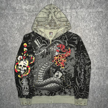 Load image into Gallery viewer, Ed Hardy Snake Rhinestone Y2K Vintage 2000s Tattoo Style Black Grey Hoodie, 2XL
