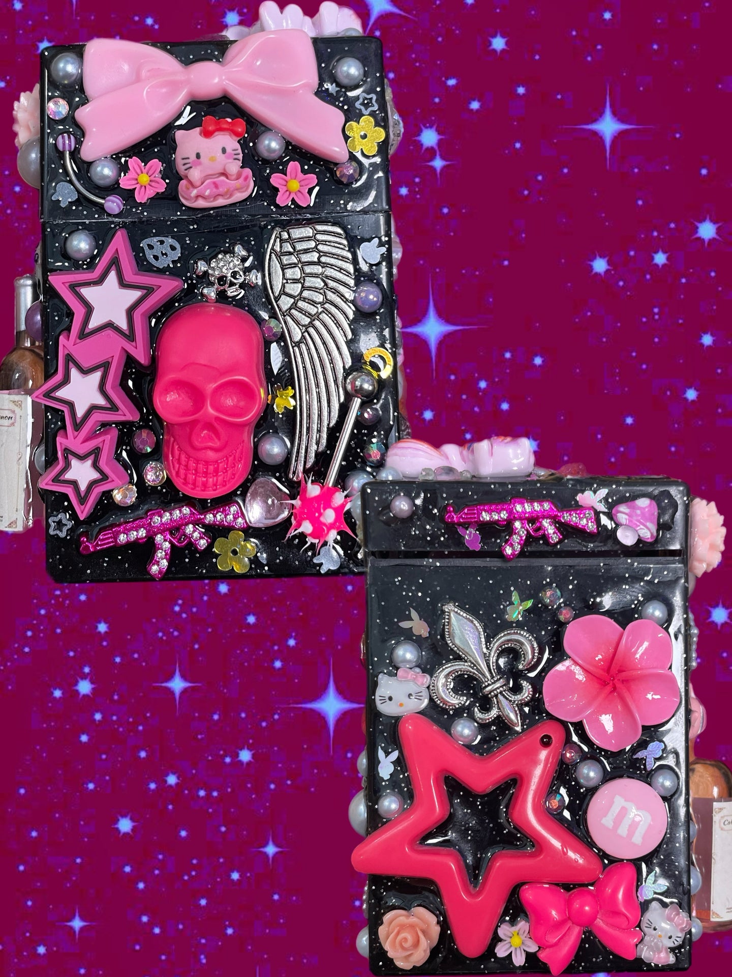 90s Style Pink Mcbling Y2K Star Skull Junk Cigarette Box / Trinket Box