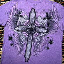 Load image into Gallery viewer, The Raw Uncut Purple Gothic Cross Angel Wing Y2K Grunge 2000s Top, Size Large
