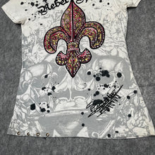 Load image into Gallery viewer, Rebel Spirit Fleur De Lis Rhinestone Y2K Mcbling White Red 2000s Top, Size M
