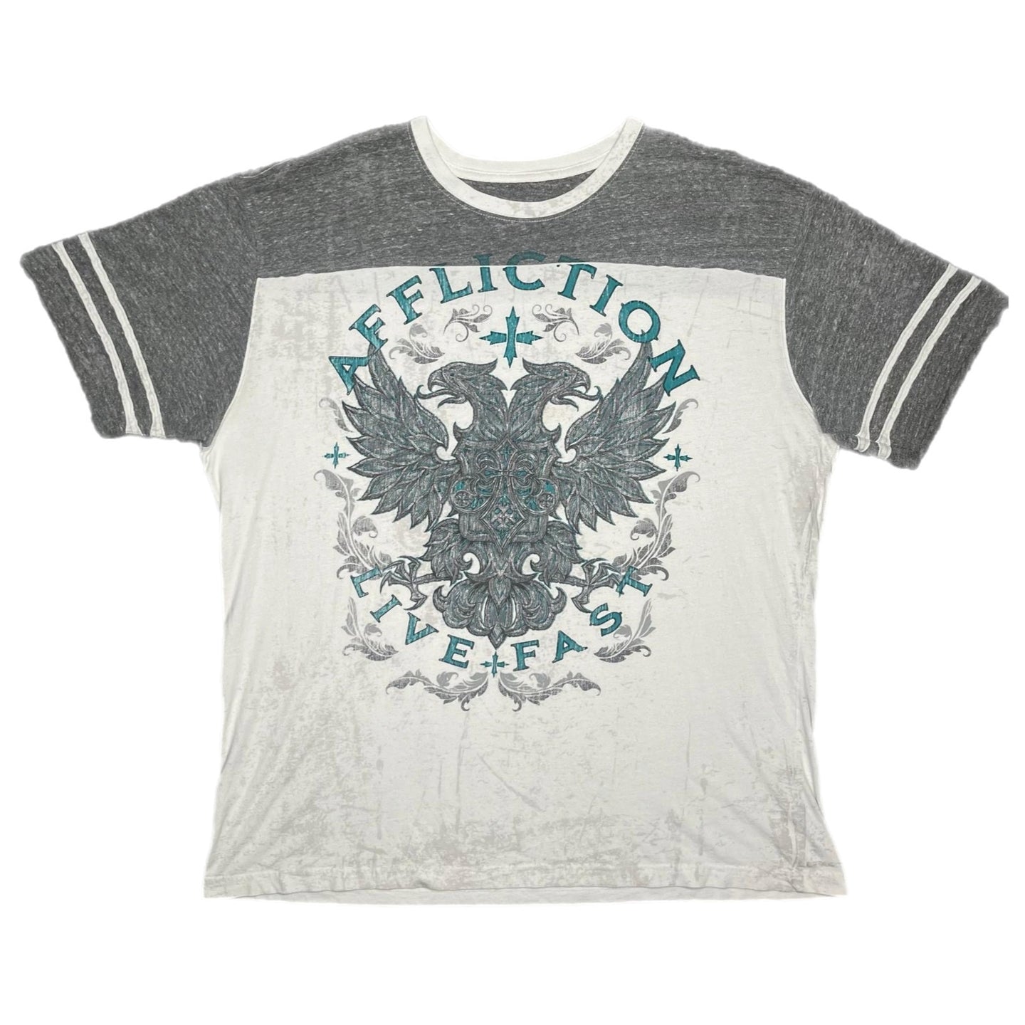 Affliction White Grey Gothic Y2K 2000s Distressed Top, Size 3XL