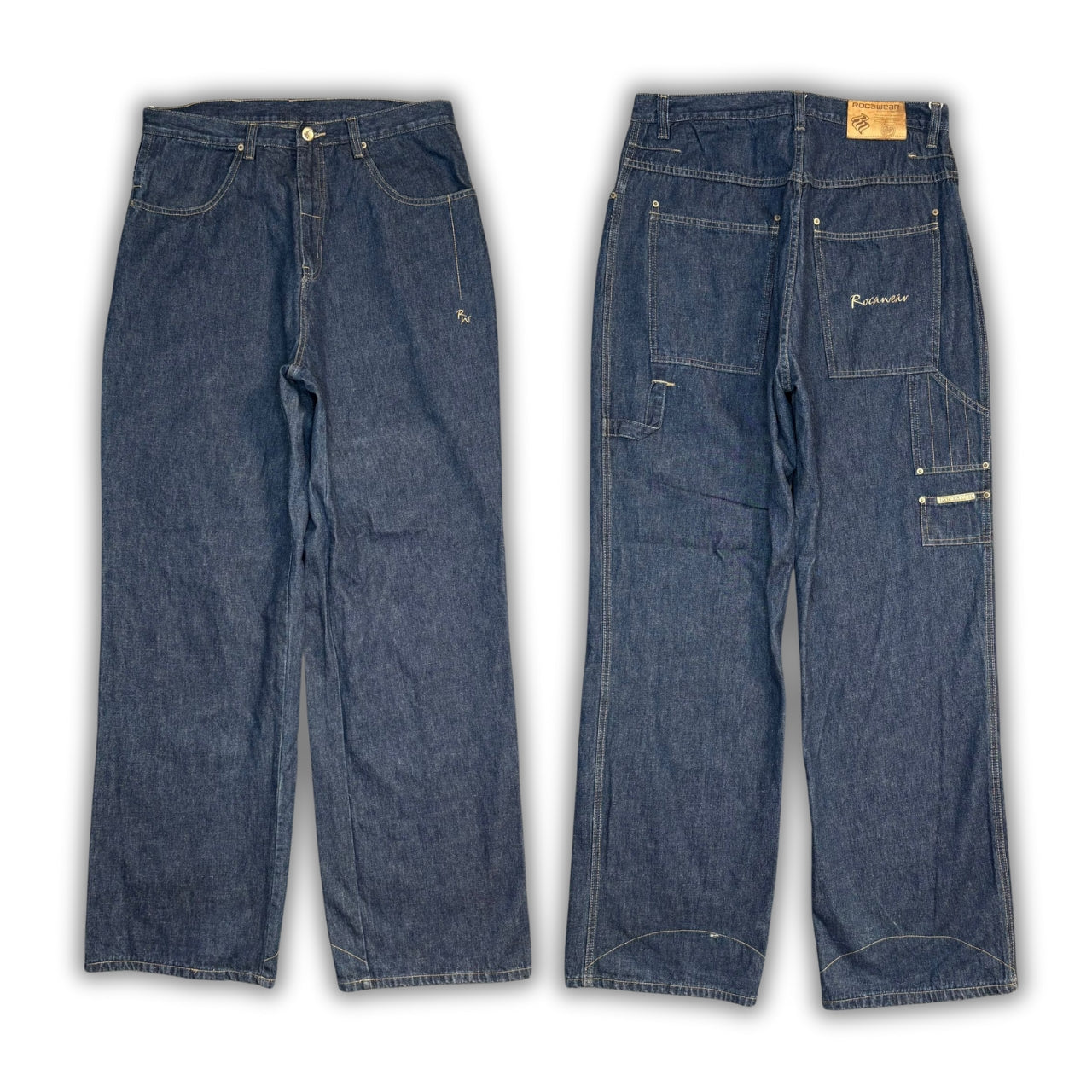 Rocawear 2000s Dark Wash Embroidered Logo Carpenter Jeans, Waist 36