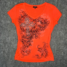 Load image into Gallery viewer, Ransom Gothic Cross Neon Orange Grunge Y2K Mcbling Top, Size Large
