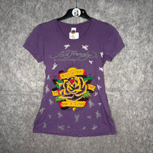 Load image into Gallery viewer, Ed Hardy Purple Y2K Rose Tattoo Style 2000s Top, Size M

