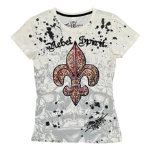 Load image into Gallery viewer, Rebel Spirit Fleur De Lis Rhinestone Y2K Mcbling White Red 2000s Top, Size M
