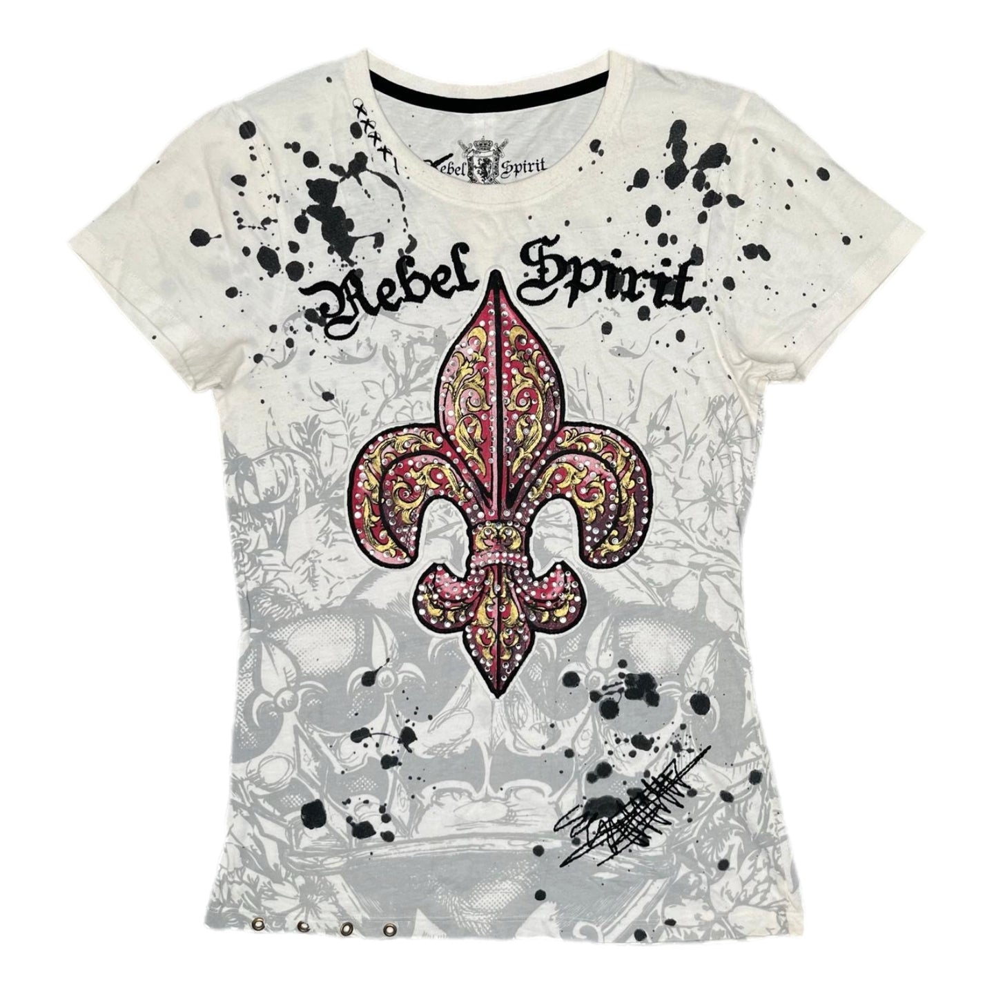 Rebel Spirit Fleur De Lis Rhinestone Y2K Mcbling White Red 2000s Top, Size M