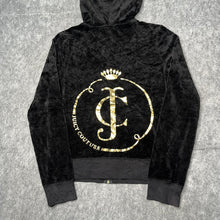 Load image into Gallery viewer, Juicy Couture Black Gold Y2K Mcbling Velour Crown 2000s Hoodie, Size Large
