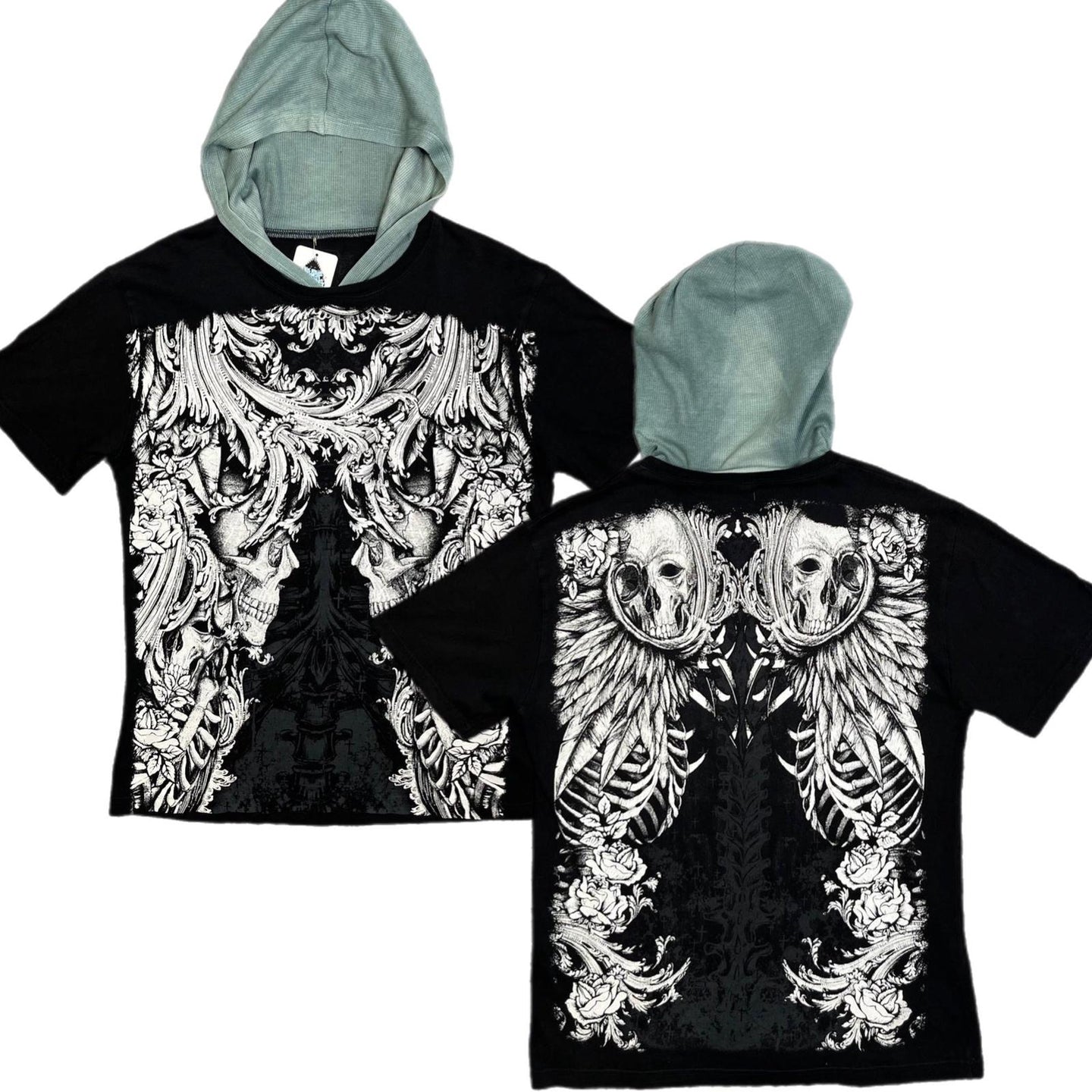 MMA Elite Hooded Black White Y2K Gothic Skull Top, Size Large