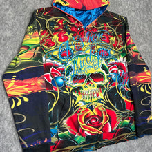 Load image into Gallery viewer, Christian Audigier Multicoloured Skull Y2K Vintage 2000s Tattoo Style Hoodie, M
