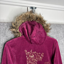 Load image into Gallery viewer, Juicy Couture Dark Pink Faux Fur Velour Y2K Scottie Dog Mcbling Hoodie, Size L
