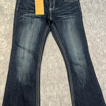 Load image into Gallery viewer, Zanadi Y2K Mcbling Dark Blue White Mcbling Flared 2000s Jeans, Size Medium/ w32
