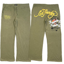 Load image into Gallery viewer, Ed Hardy Khaki Tattoo Y2K Flared Joggers, Size XL
