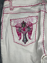 Load image into Gallery viewer, Raw Blue Y2K Pink Embroidered Angel Wing Gothic Cross Skinny 2000s Jeans, Size S
