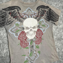 Load image into Gallery viewer, Affliction Grey Gothic Cross Angel Wing Rose Cyber Grunge Top, Size Medium
