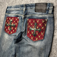 Load image into Gallery viewer, Violet Pink Gothic Cross Sequin Red Blue Y2K Mcbling Skinny Jeans, Waist 30
