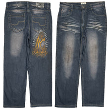 Load image into Gallery viewer, Panther Embroidered Blue Y2K Vintage Tattoo Style Jeans, Waist 34/ Medium
