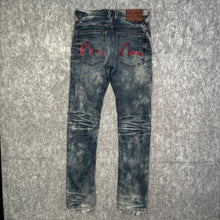 Load image into Gallery viewer, Evisu Blue Red Stitch Acid Wash Y2K Grunge 2000s Ripped Jeans, Waist 28
