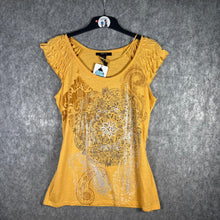 Load image into Gallery viewer, Style &amp; Co Yellow Graphic Rhinestone Top Boho Paisley Tee – Estimated M
