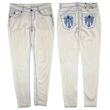 Load image into Gallery viewer, Raw Blue Gothic Angel Wing Y2k White Blue Embroidered Grunge Jeans, Size Small
