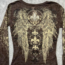 Load image into Gallery viewer, Gothic Fleur De Lis Angel Wing Brown Grunge Long Sleeved Rhinestone Top, Size M
