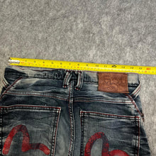 Load image into Gallery viewer, Evisu Blue Red Stitch Acid Wash Y2K Grunge 2000s Ripped Jeans, Waist 28
