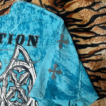 Load image into Gallery viewer, Affliction Blue Cyber Tribal Angel Wing Y2K 2000s Grunge Top, Size Large
