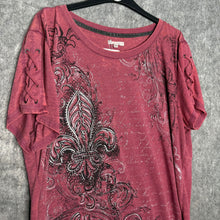 Load image into Gallery viewer, Maurices Pink Diamante Fleur De Lis &amp; Baroque Corset Sleeve Grunge Top, Size XXL
