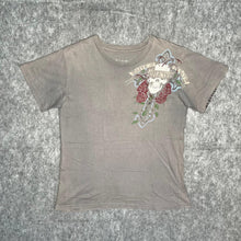 Load image into Gallery viewer, Affliction Grey Gothic Cross Angel Wing Rose Cyber Grunge Top, Size Medium
