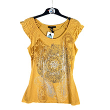 Load image into Gallery viewer, Style &amp; Co Yellow Graphic Rhinestone Top Boho Paisley Tee – Estimated M
