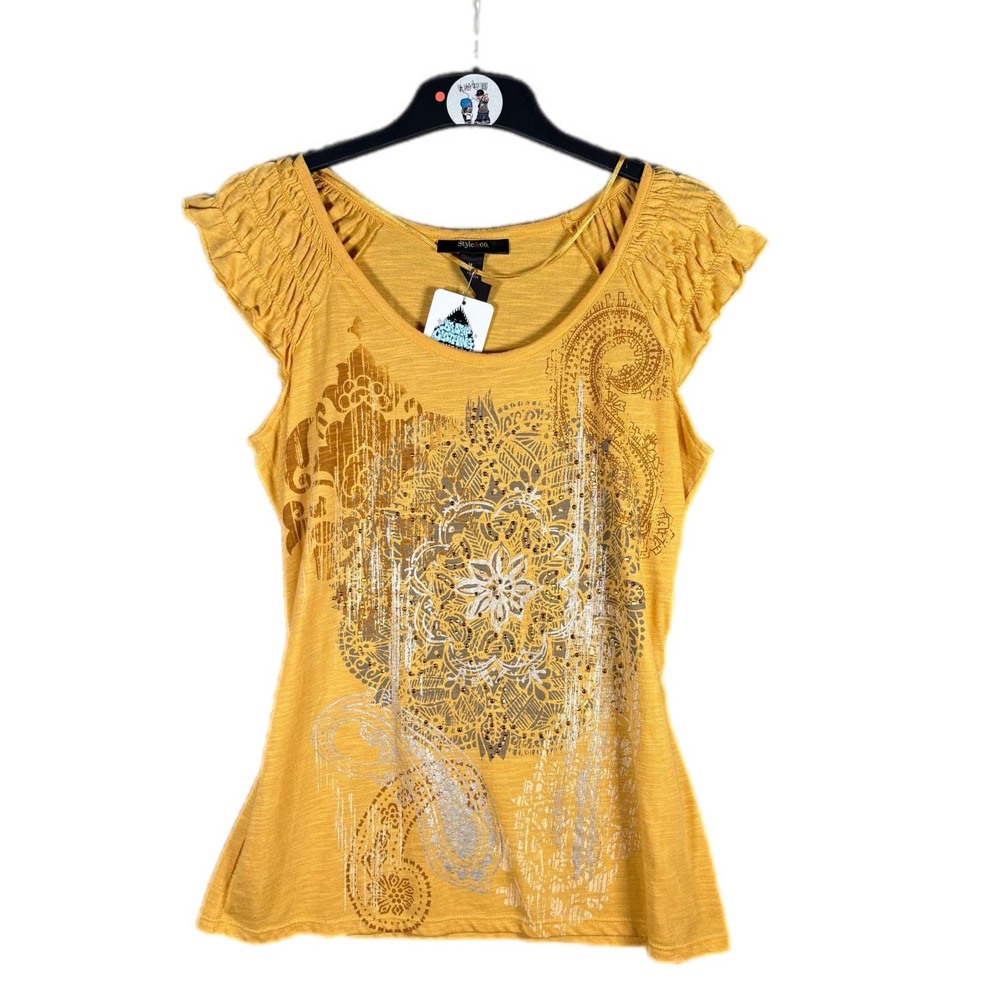 Style & Co Yellow Graphic Rhinestone Top Boho Paisley Tee – Estimated M
