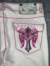 Load image into Gallery viewer, Raw Blue Y2K Pink Embroidered Angel Wing Gothic Cross Skinny 2000s Jeans, Size S
