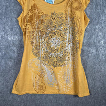 Load image into Gallery viewer, Style &amp; Co Yellow Graphic Rhinestone Top Boho Paisley Tee – Estimated M
