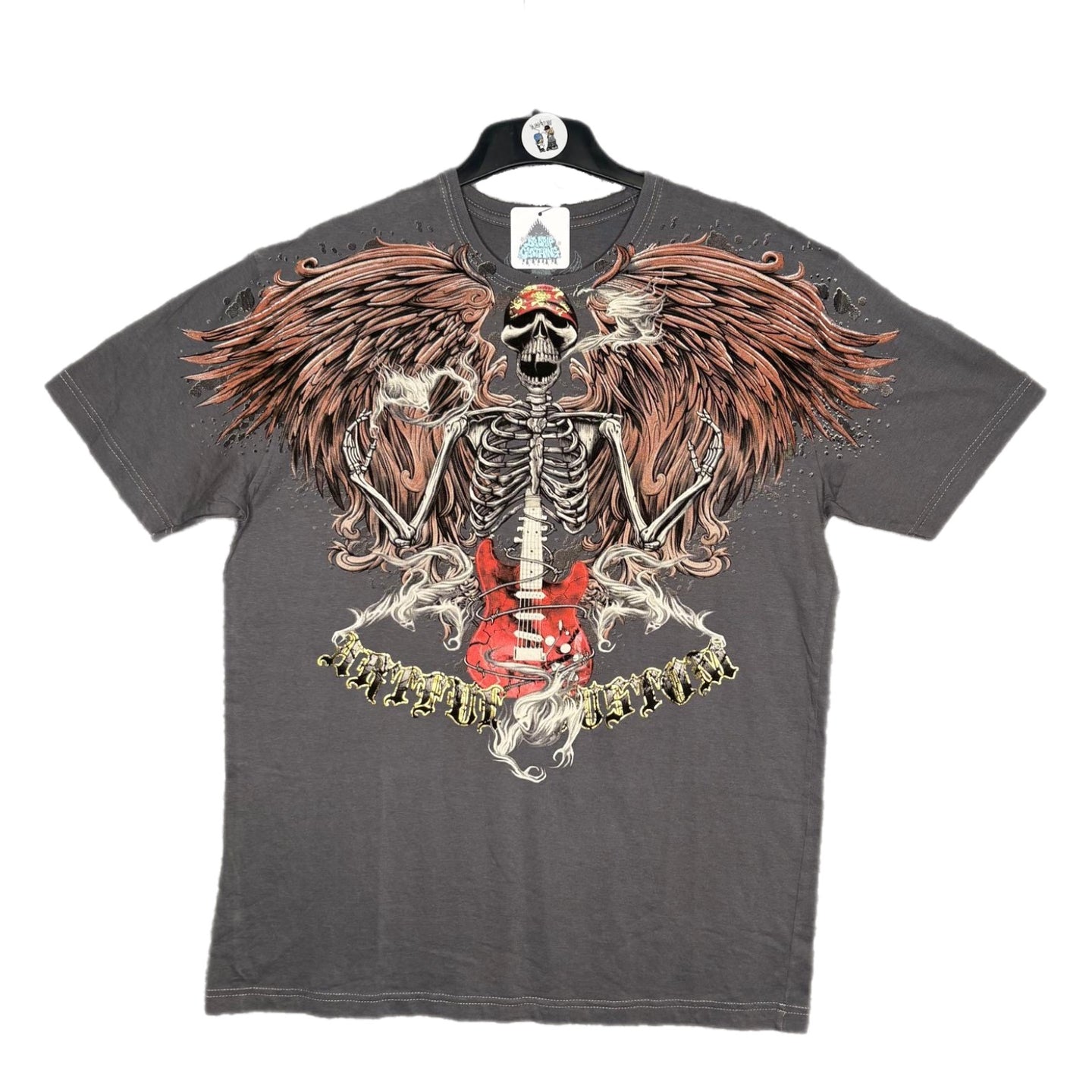 Artful Custom Skeleton Grey Angel Wing Gothic Grunge Top, Size XL