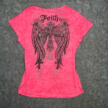 Load image into Gallery viewer, Faith Pink Diamante Cross With Wings Devore V-Neck Grunge Top
