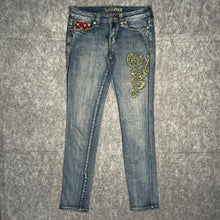 Load image into Gallery viewer, Violet Pink Gothic Cross Sequin Red Blue Y2K Mcbling Skinny Jeans, Waist 30
